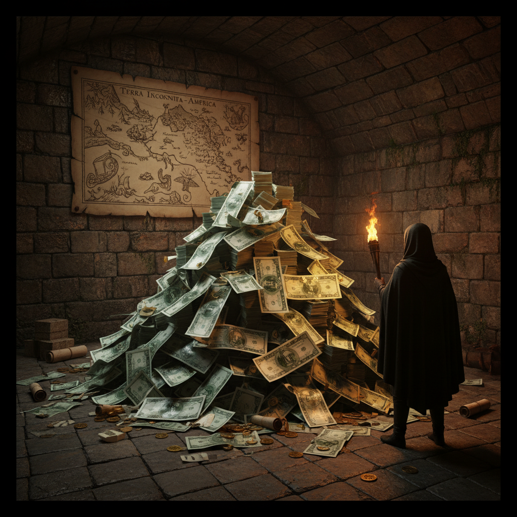A mountain of freshly printed banknotes being stacked in a dark vault, the ink still wet and glistening under a single f