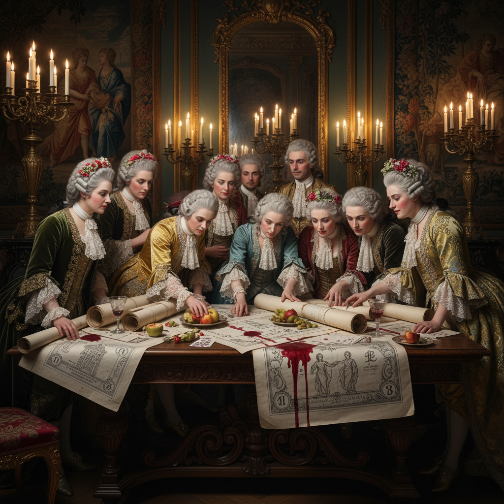 An ornate, candlelit chamber in the Palais-Royal where a group of decadent nobles in powdered wigs lean over a table cov
