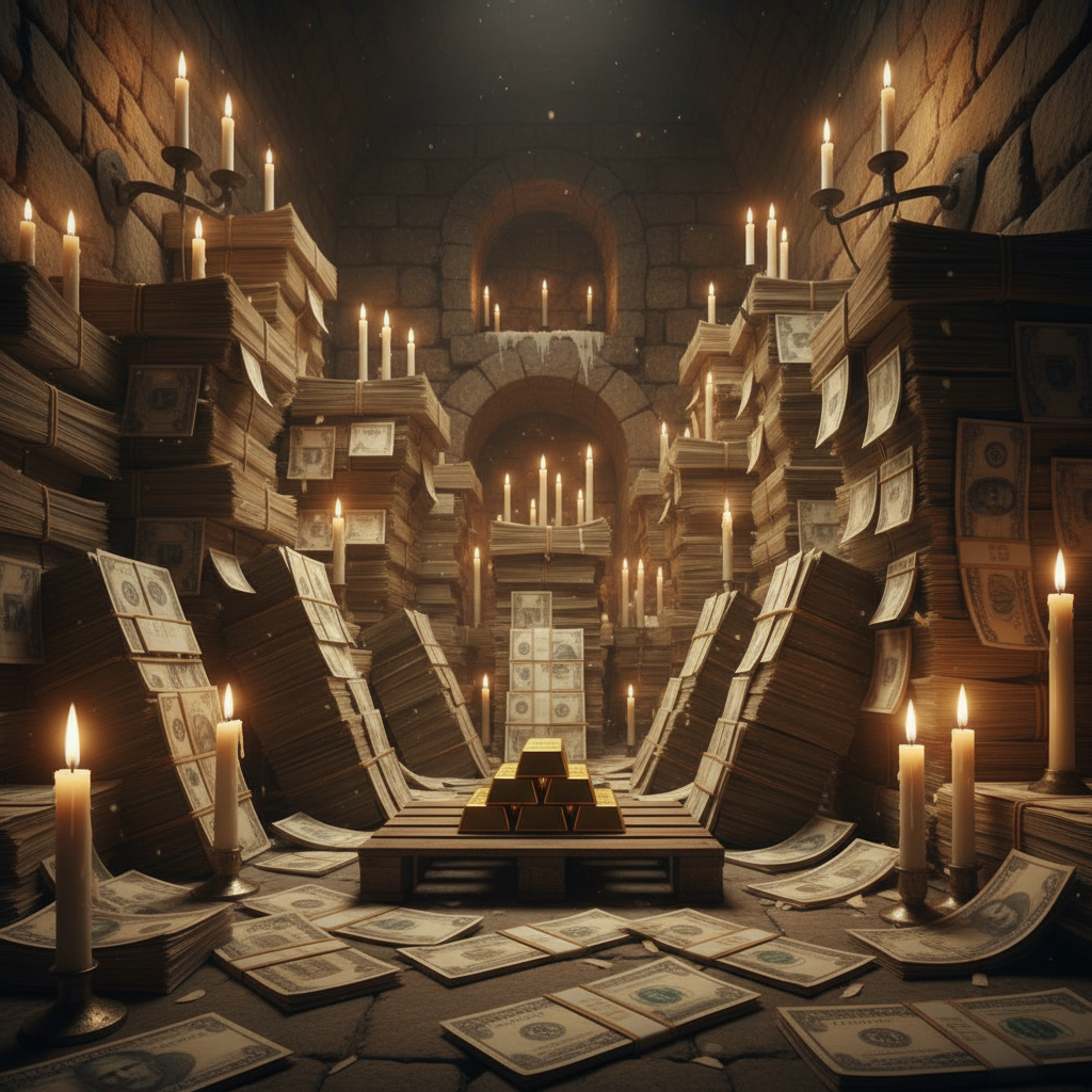 A stark, candlelit vault where a few gold bars sit lonely on a wooden pallet, surrounded by towering, unstable stacks of