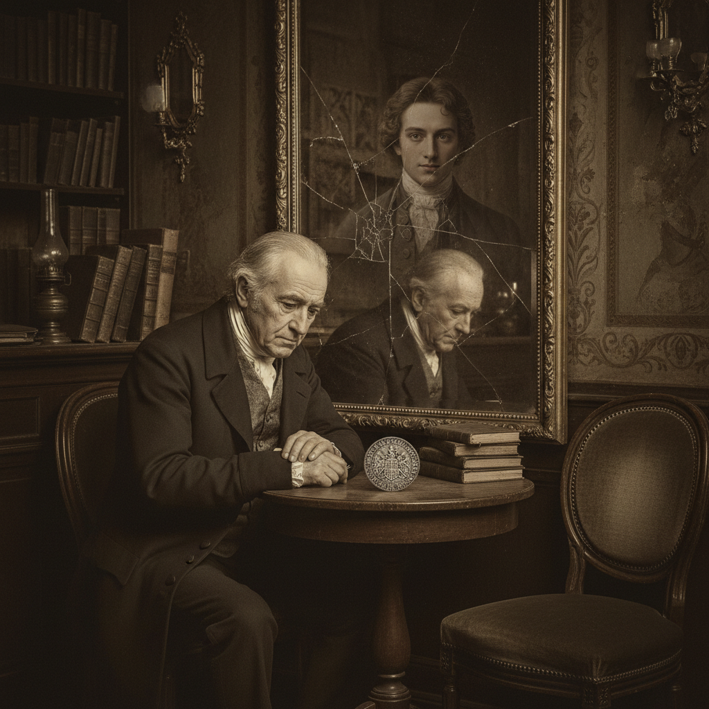 An elderly John Law sitting alone in a dim Venetian café, a single silver coin on the table before him, his reflection i