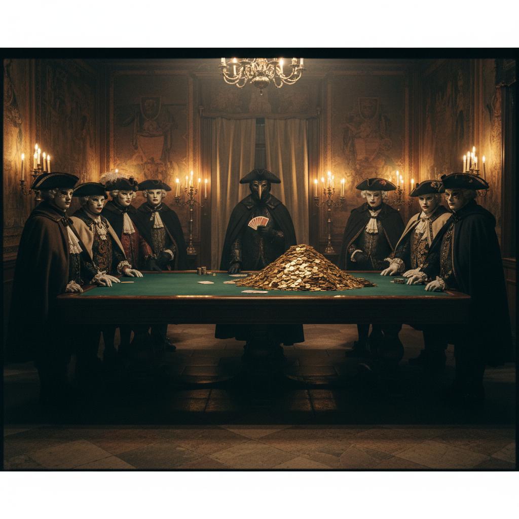 A dimly lit Venetian casino, the Ridotto, where masked figures in tricorn hats lean over a green baize table; Law stands