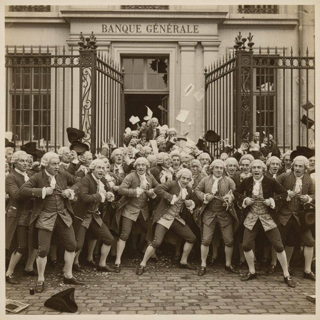 A chaotic riot outside the Banque Générale, the heavy iron gates straining against a mob of well-dressed speculators who