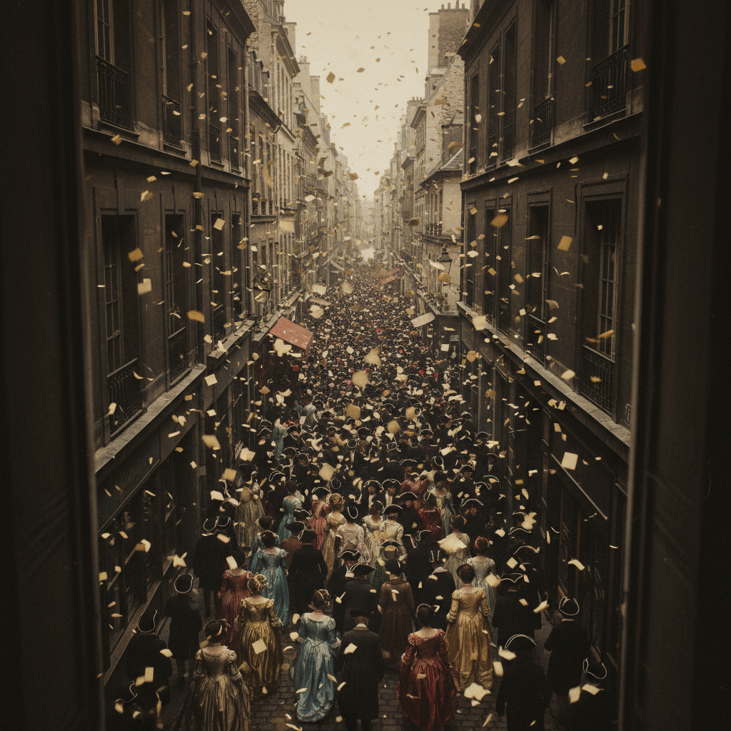 A frantic, narrow Parisian street seen from a high window, a river of tricorn hats and silk gowns choked between dark bu