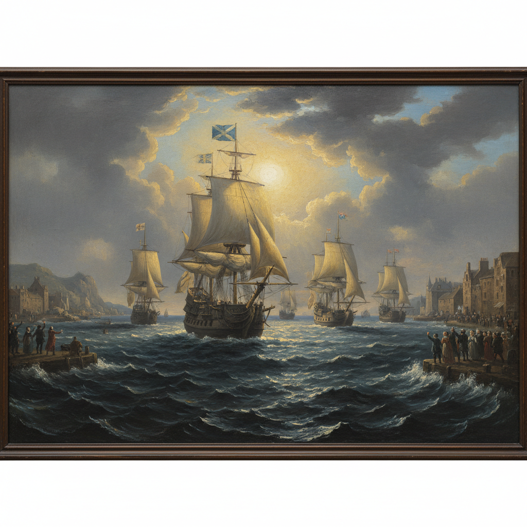 An oil painting of the five Scottish ships leaving Leith Harbor, the sun breaking through grey clouds to light their sai