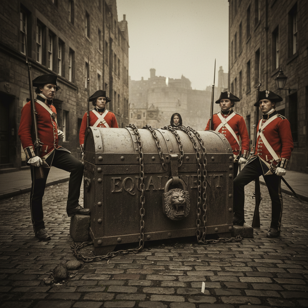 A heavy iron chest, the "Equivalent" money, being guarded by red-coated soldiers in an Edinburgh street, its lock heavy 