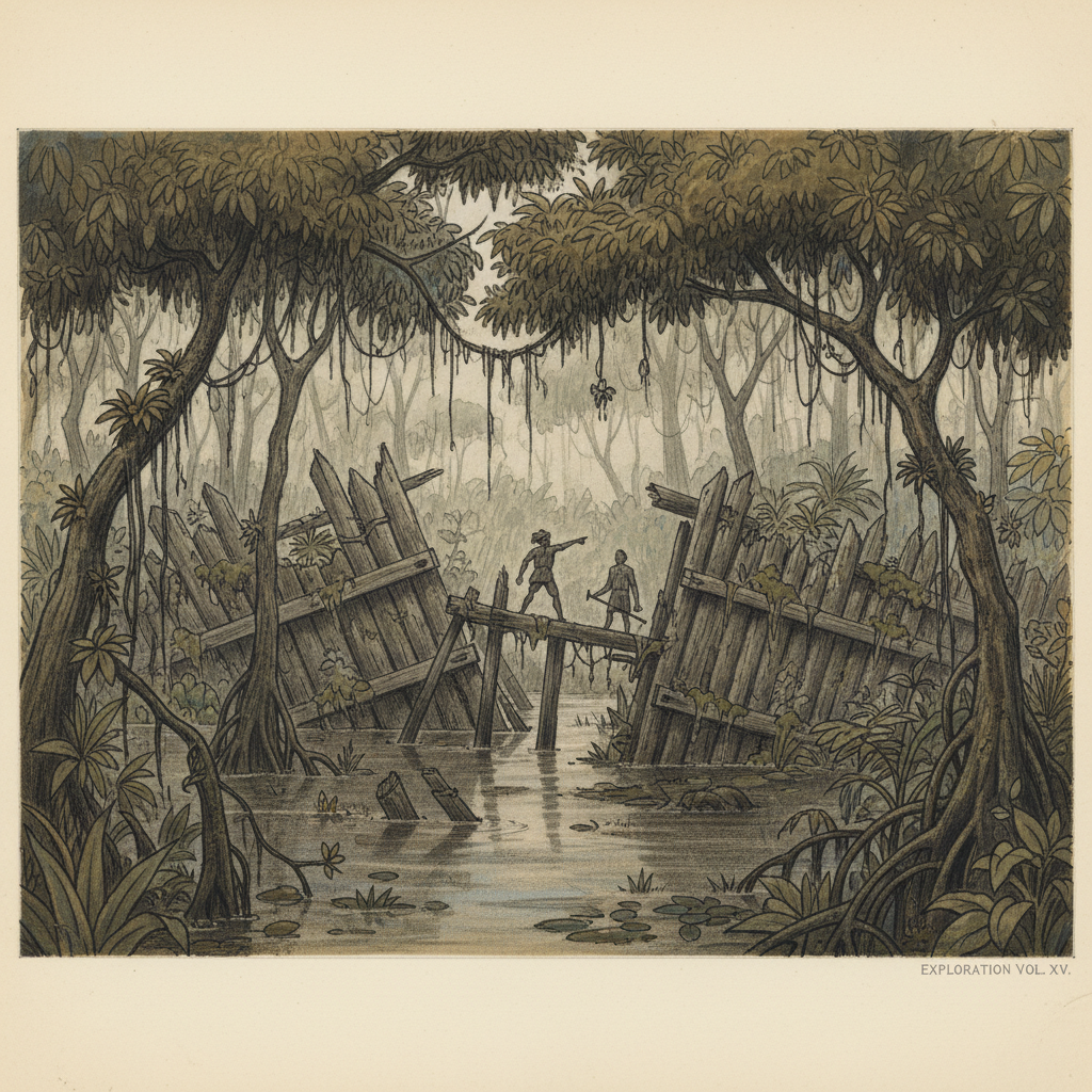 A sketch of a half-finished wooden fort sinking into a tropical swamp, surrounded by dense, dark jungle.