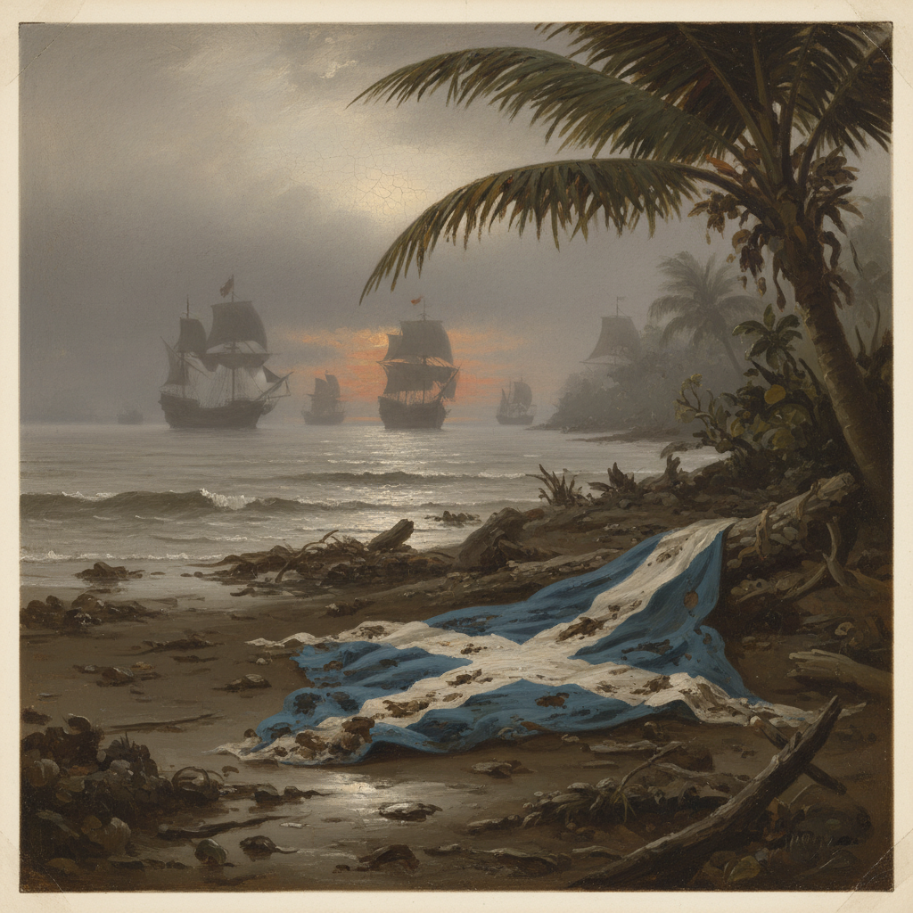 A painting of a lone, tattered Scottish flag lying in the mud of a tropical shoreline, with the dark silhouettes of Span