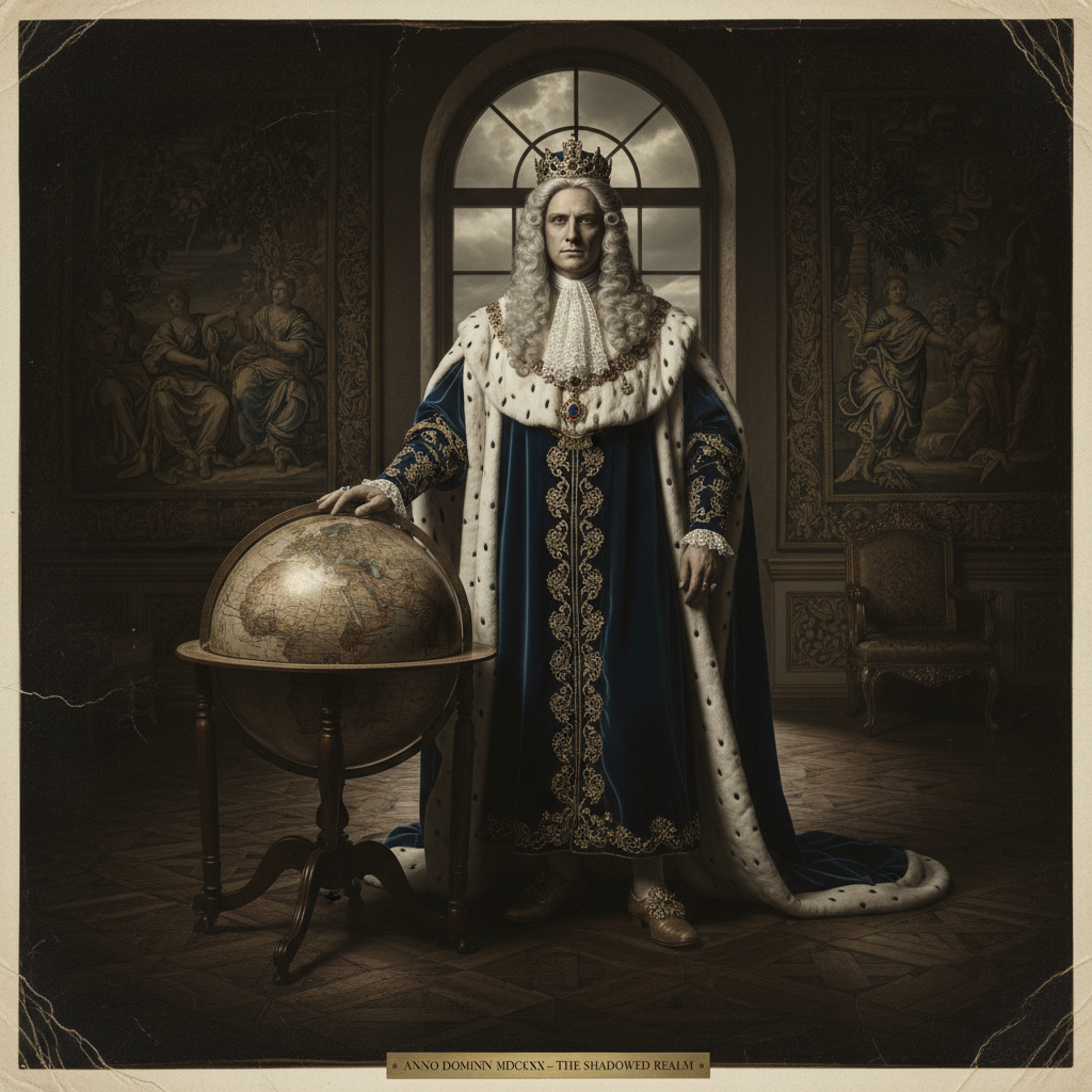 A portrait of King William III in royal robes, his face a mask of cold indifference, his hand resting on a globe that se