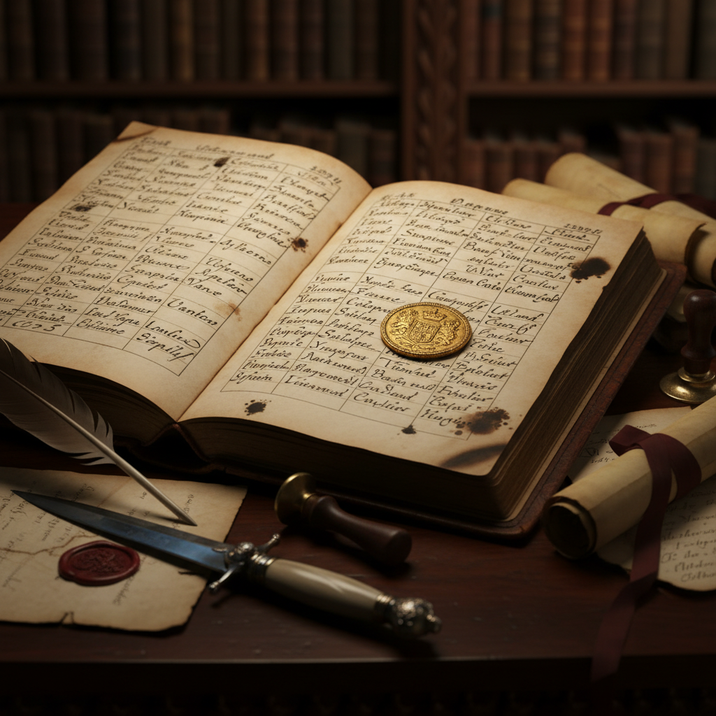 An ornate, ink-stained ledger from the 1690s, overflowing with names and sums of money, with a single gold coin resting 