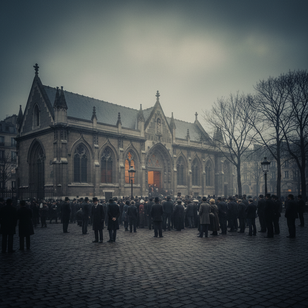 A wide shot of the stone Morgue building at the eastern tip of the Île de la Cité, crowds gathering at the entrance.