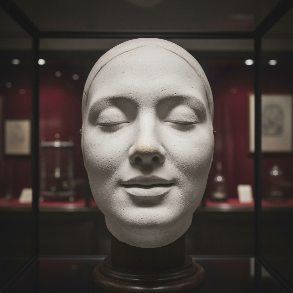 A close-up of the plaster death mask of L'Inconnue de la Seine, her eyes closed and a faint smile on her lips.