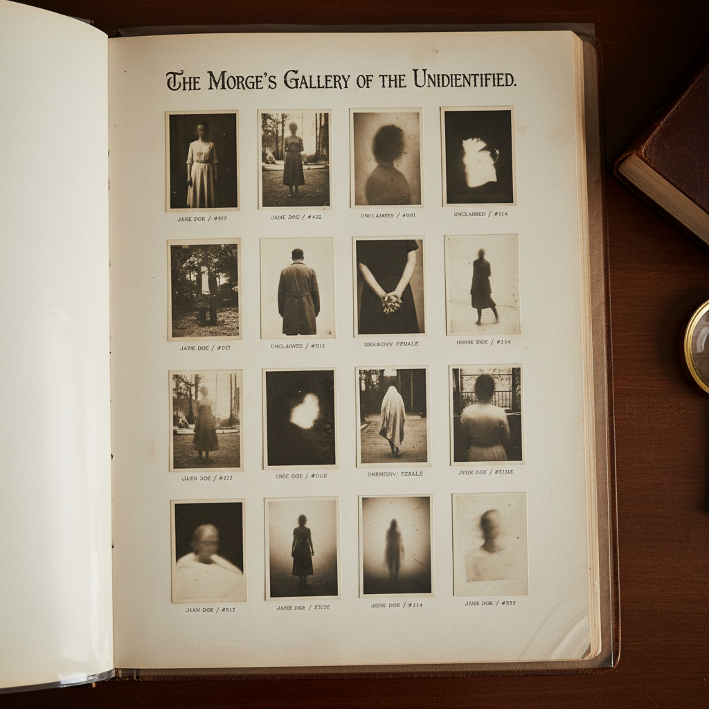A page from the Morgue’s "Gallery of the Unidentified," showing rows of grim, black-and-white photographs.