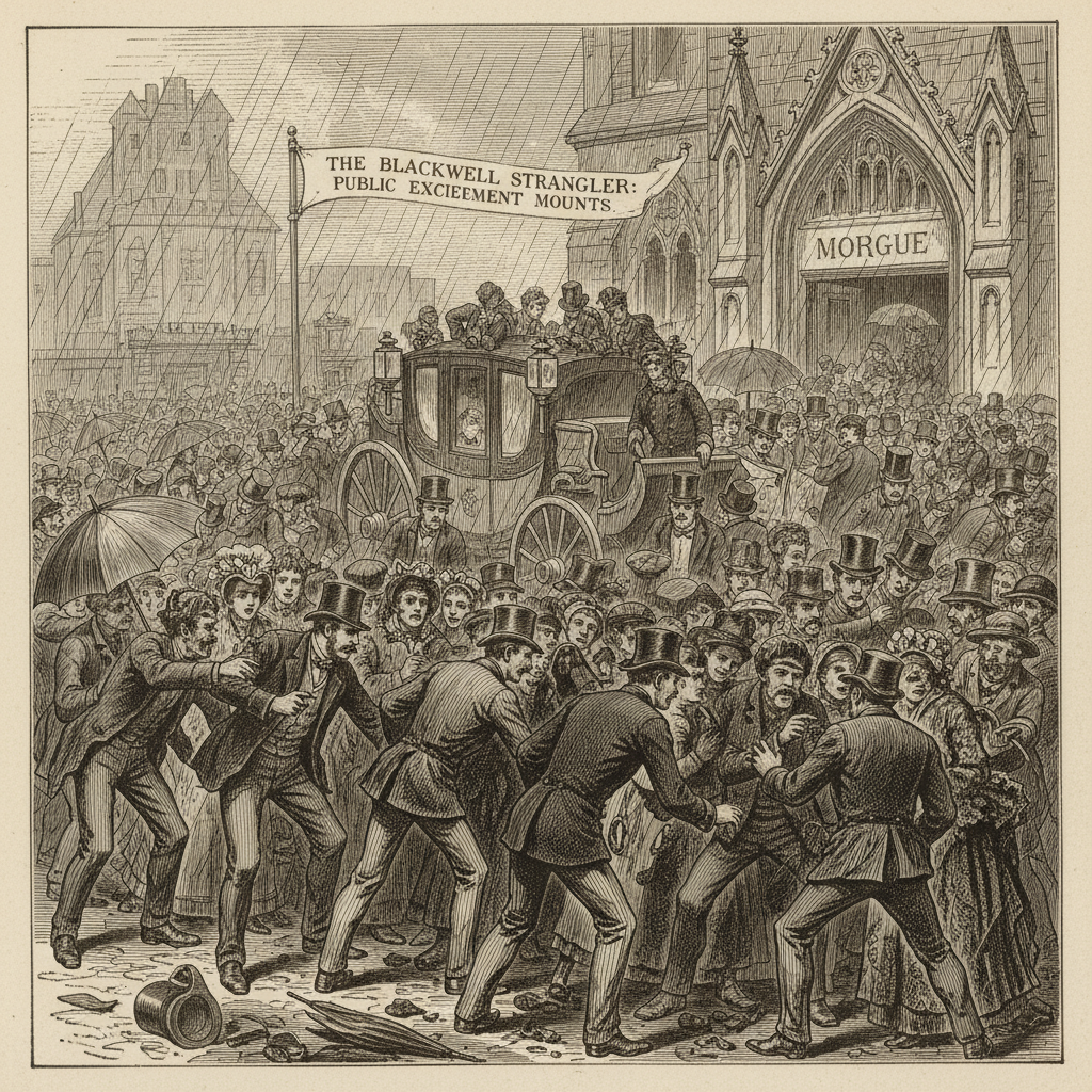 A 19th-century newspaper illustration showing a chaotic crowd outside the Morgue during a famous murder case.