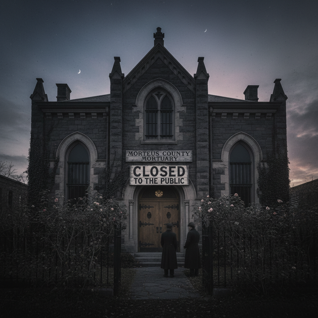 A final image of the Morgue building, now quiet, with a "Closed to the Public" sign prominently displayed on the door.