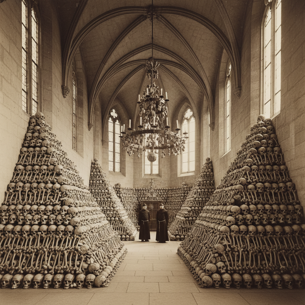A wide shot of the chapel interior showing the massive pyramids of bones and the central chandelier hanging from the vau