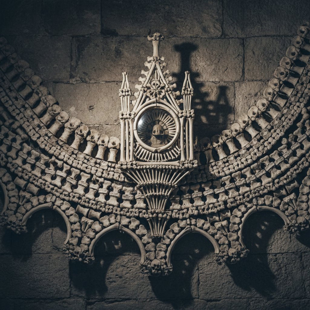 A detailed shot of the bone monstrances and the intricate patterns of vertebrae used as border molding along the walls.