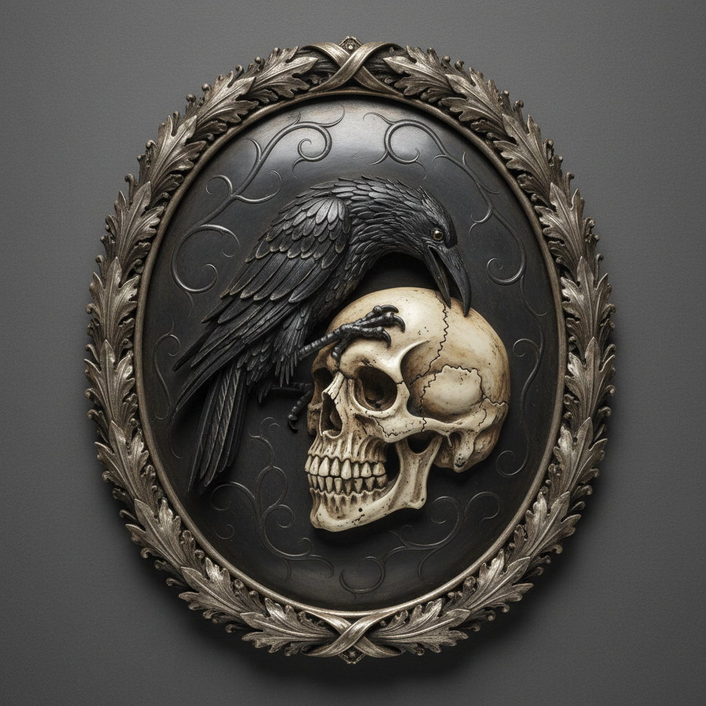 Close-up of the Schwarzenberg coat of arms, specifically the raven pecking at the skull, showing the intricate use of sm