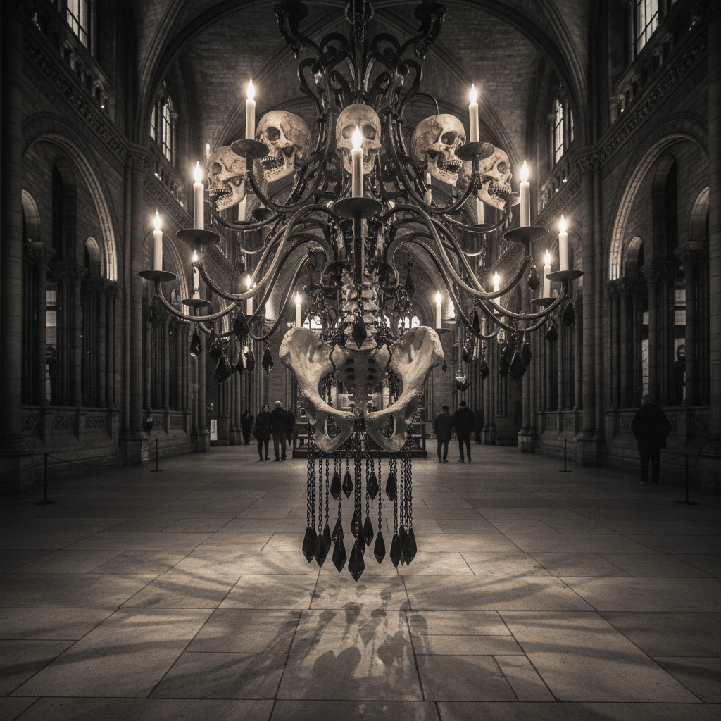 A dramatic low-angle shot of the great chandelier, focusing on the pelvic bone at its base and the skull-mounted candle 