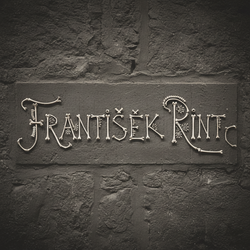 A medium shot of the wall near the exit, showing the elegant bone signature of František Rint against the dark stone.