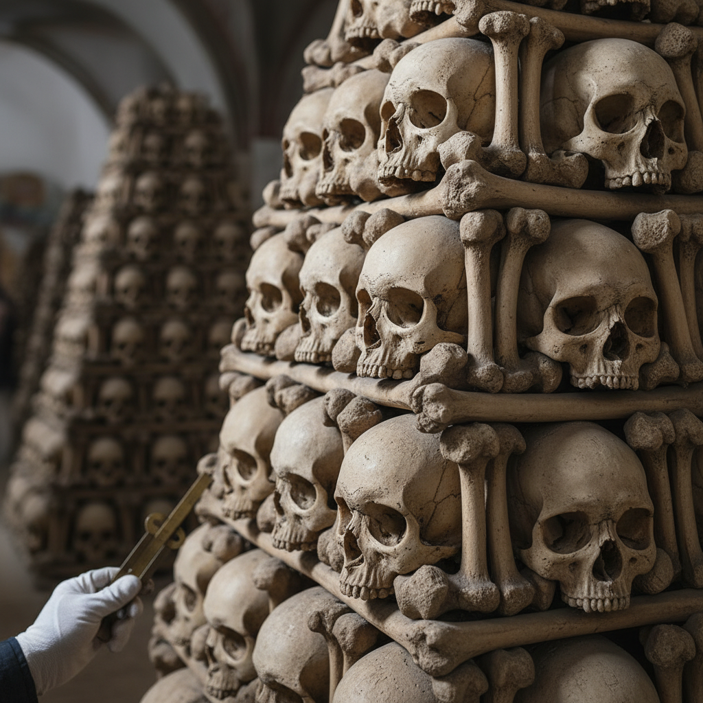 A close-up detail of one of the bone pyramids, showing the meticulous stacking of skulls and long bones.