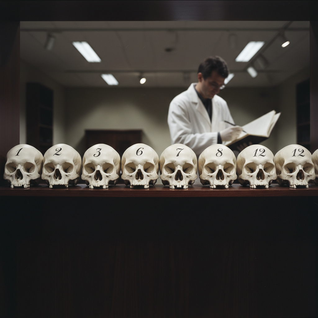 A row of human skulls neatly arranged on a wooden shelf, each one numbered in precise, elegant black ink, the lighting s