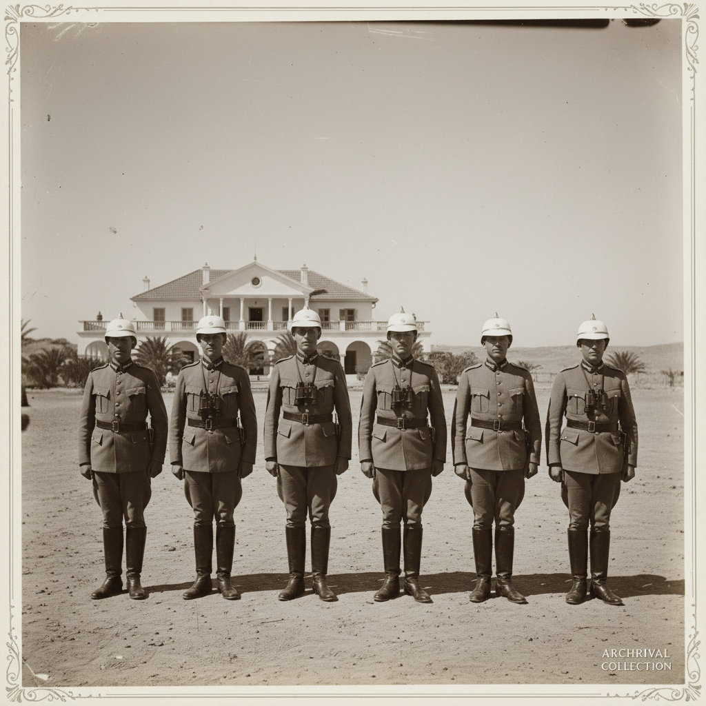 A sepia-toned photograph of German officers in pith helmets standing stiffly before a colonial villa, their uniforms imp