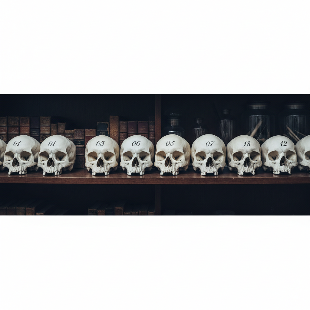 A row of human skulls neatly arranged on a wooden shelf, each one numbered in precise, elegant black ink, the lighting s