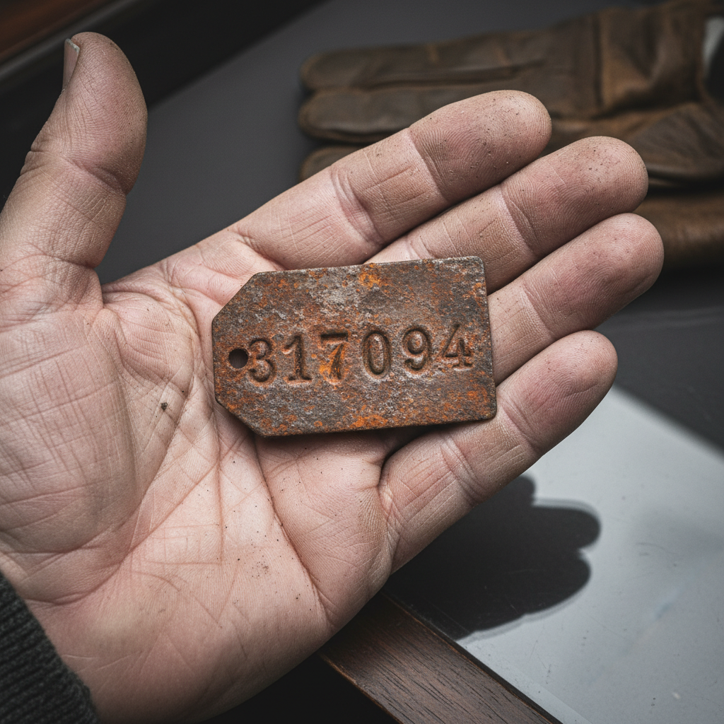 A close-up of a weathered, rusted metal identification tag lying in the palm of a hand, the stamped numbers still visibl