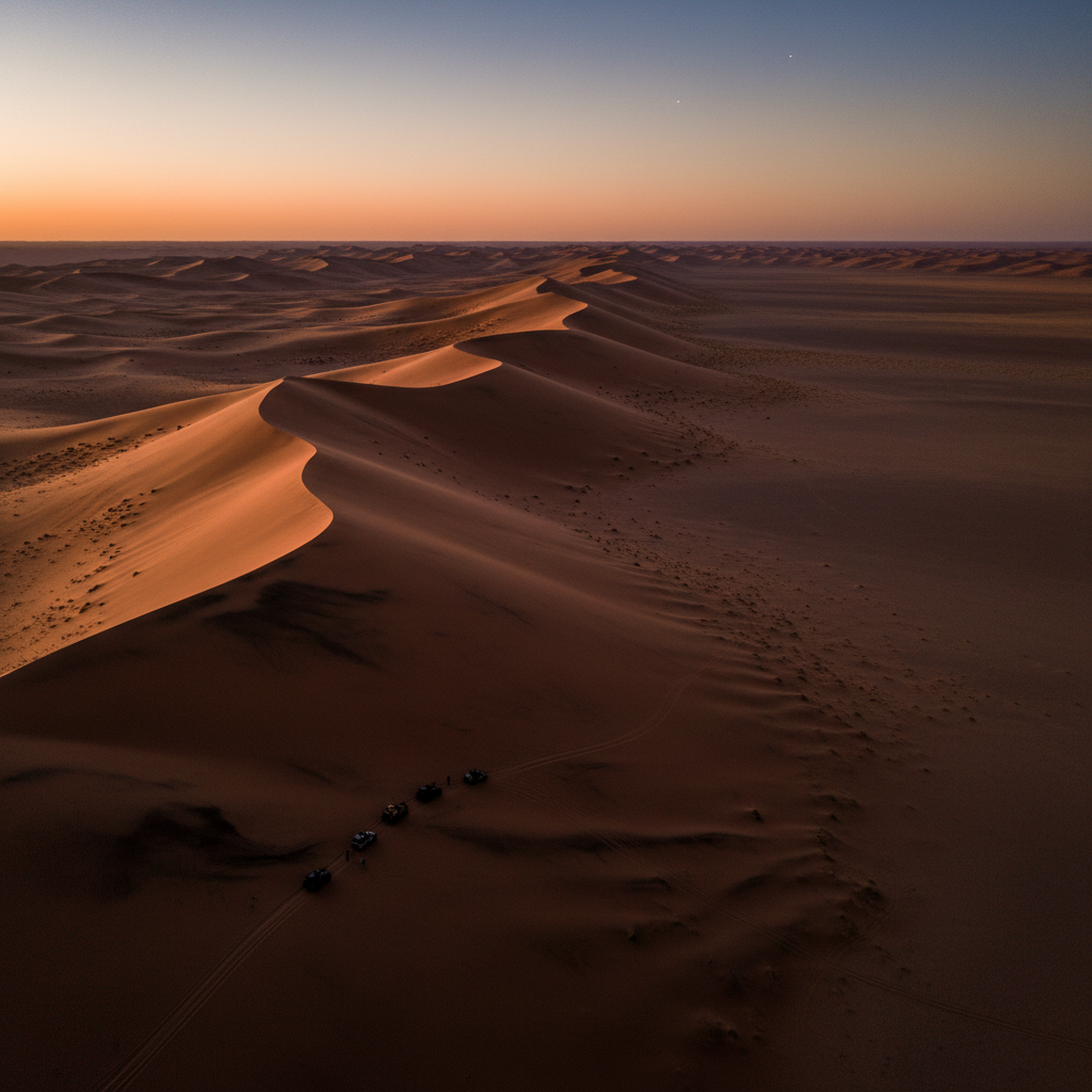 An expansive aerial shot of the Omaheke Desert at dusk, the dunes appearing like frozen waves of orange silk, beautiful 