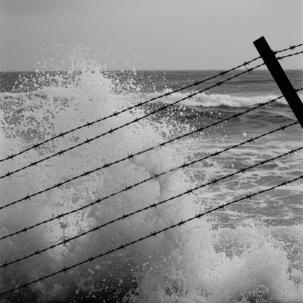 A stark, black-and-white image of a barbed-wire fence silhouetted against a crashing Atlantic wave, the spray blurring t