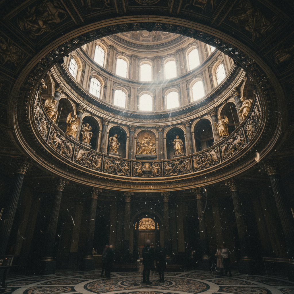 A low-angle shot of the golden gallery inside St. Paul’s Cathedral, sunlight catching the dust motes in the vast circula
