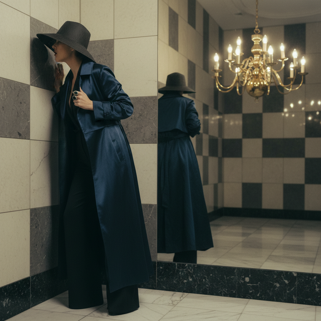 A high-fashion shot of a woman in a silk trench coat whispering into a tiled corner, her reflection caught in a distant 