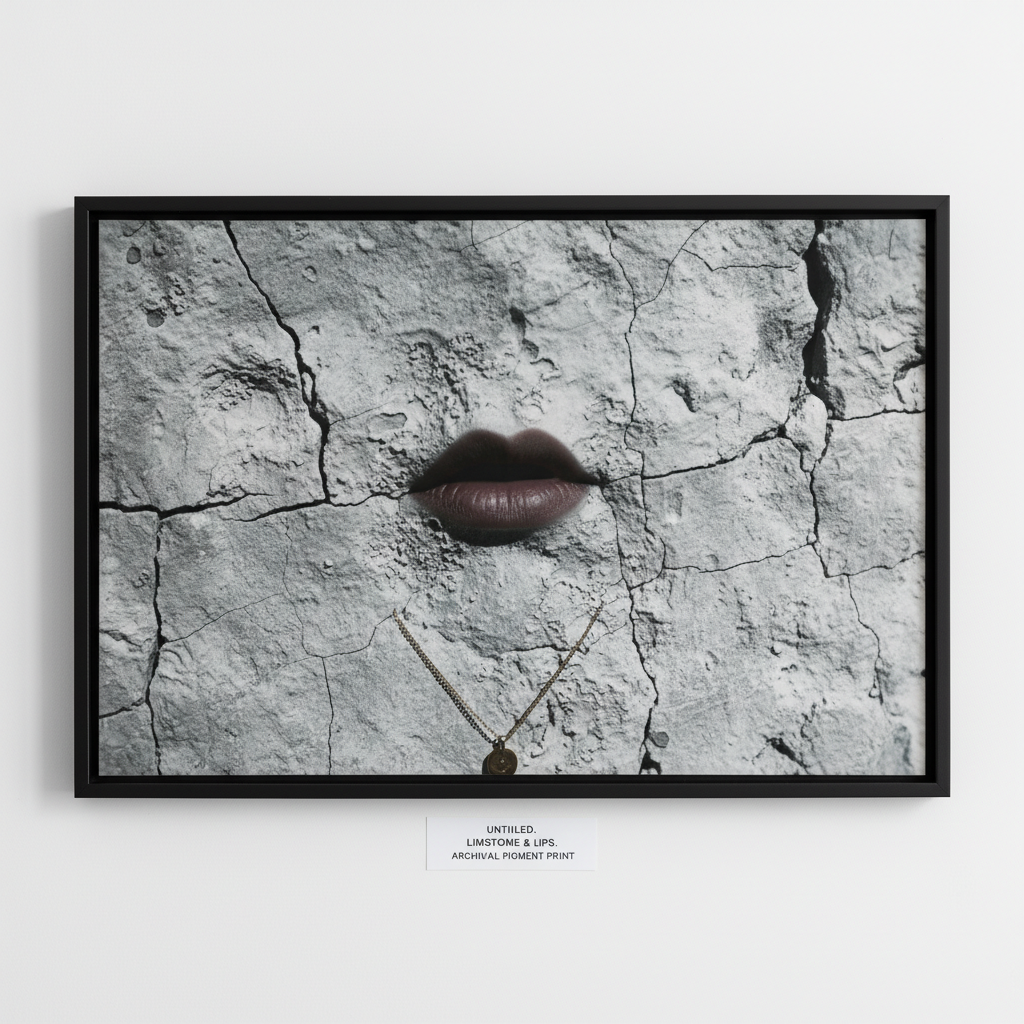 A close-up of a person’s lips pressed near a weathered limestone wall, the texture of the stone sharp and unforgiving.