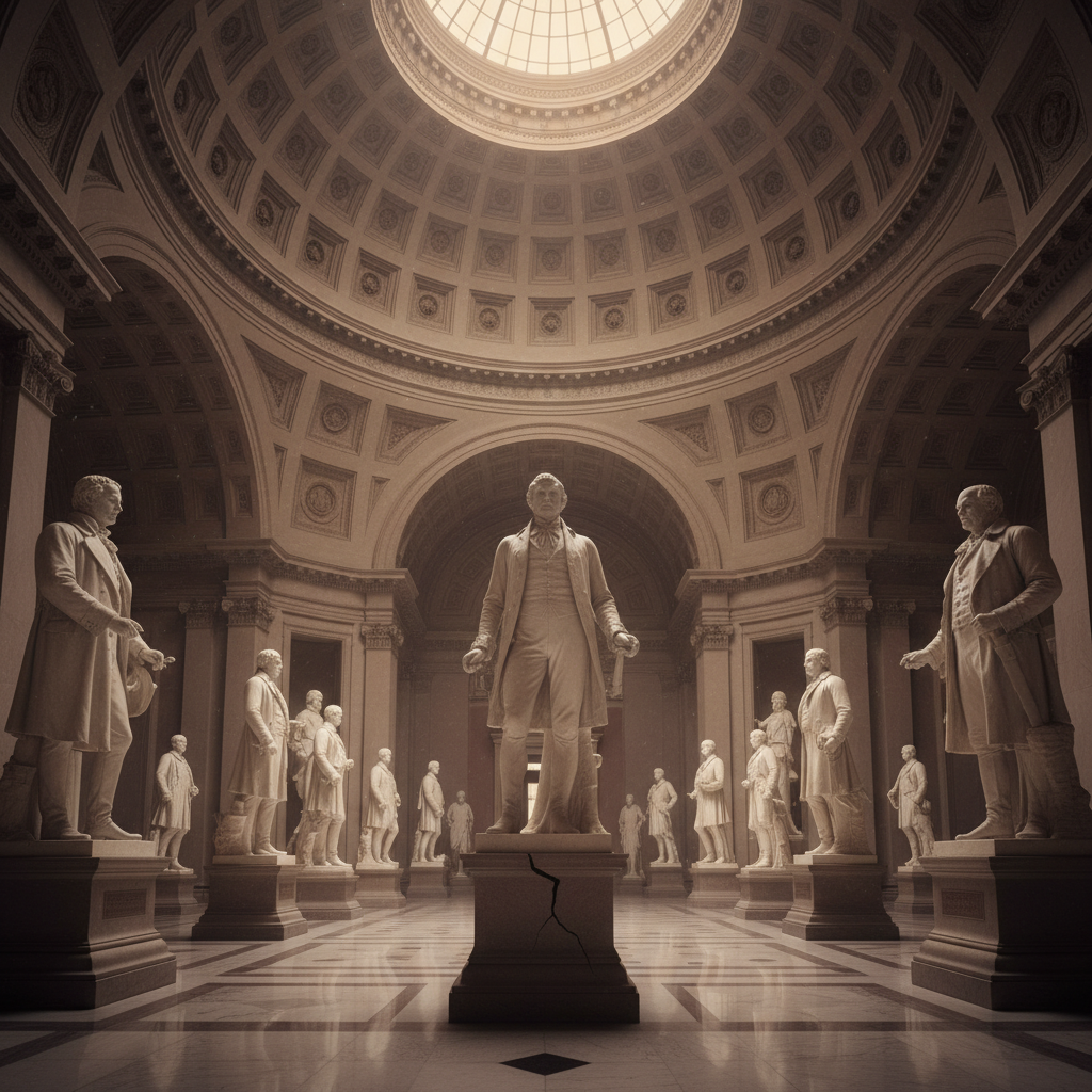 The grand, arched ceiling of Statuary Hall in the US Capitol, the marble statues of historical figures standing as silen