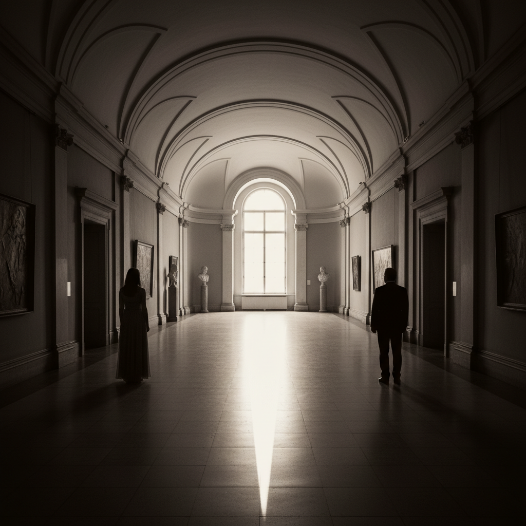 A silhouette of two people at opposite ends of a vast curved gallery, the light from a high window cutting a path betwee