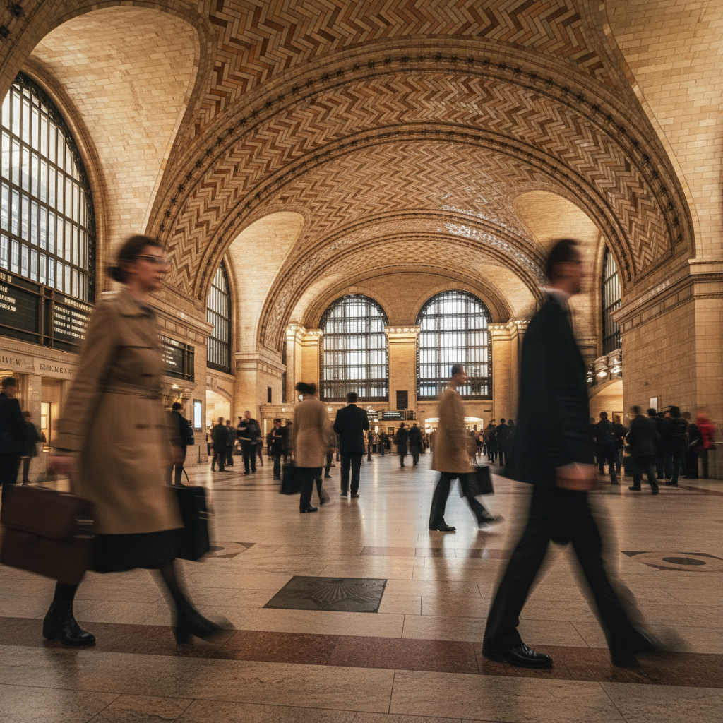 The herringbone tiles of the Grand Central Whispering Gallery, blurred motion of commuters in the background like ghosts
