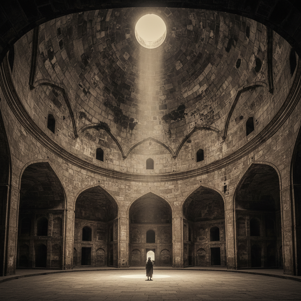 The massive, stark interior of the Gol Gumbaz dome, shadows playing across the ancient, stained masonry, a single shaft 