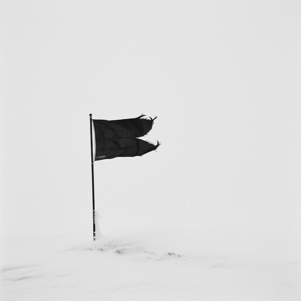 A lonely black flag flapping violently against a featureless white horizon, a tiny, defiant sentinel in a desert of ice.