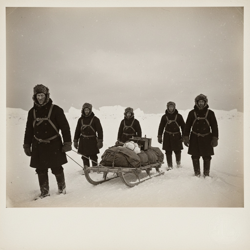 A group of British explorers in heavy, dark wool coats, harnessed like oxen to a massive wooden sledge, their faces blac