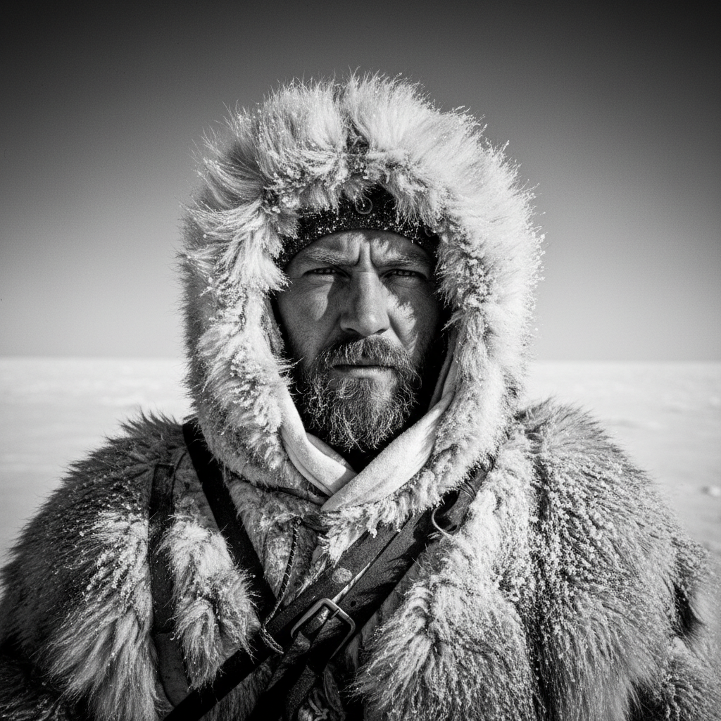 A black and white portrait of Roald Amundsen in heavy furs, eyes narrowed against a sun that never sets, looking more li