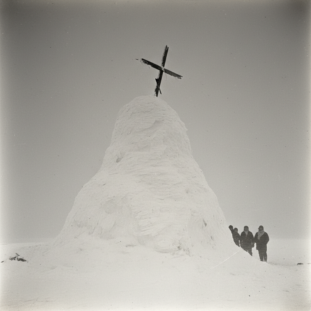 A massive cairn of snow topped with a makeshift wooden cross, standing against a grey, biting sky, the horizon stretchin