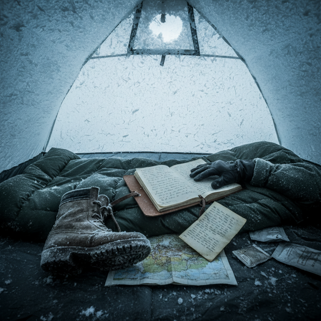 The interior of a cramped, frost-covered tent, showing a discarded leather boot and a handwritten diary lying open on a 
