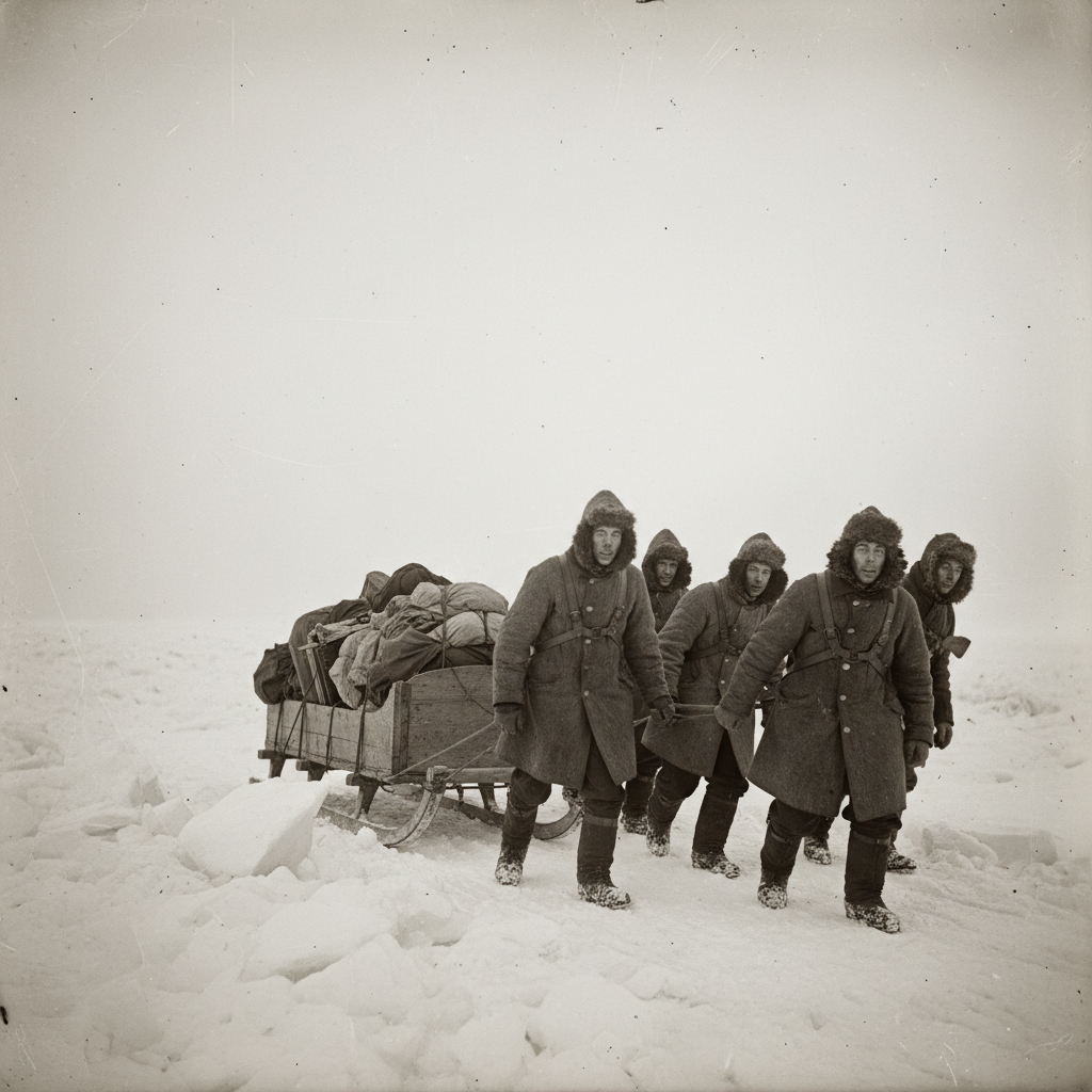 A group of British explorers in heavy, dark wool coats, harnessed like oxen to a massive wooden sledge, their faces blac