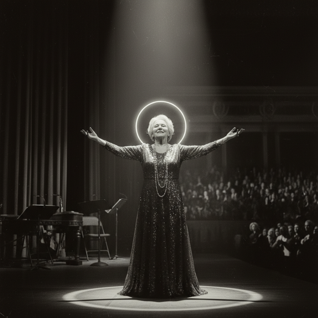 Josephine Baker on stage in her later years, arms outstretched, the spotlight creating a halo around her silver hair