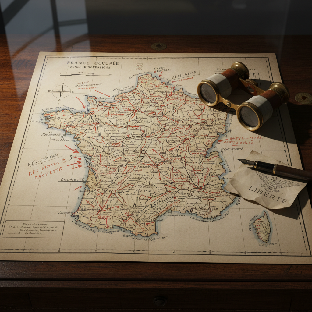 A vintage map of occupied France with handwritten notes and a pair of opera glasses resting on the corner