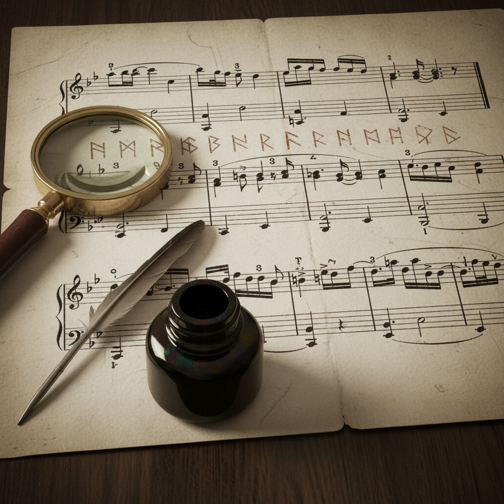 A close-up of a musical score with faint, handwritten cipher marks visible between the lines of melody