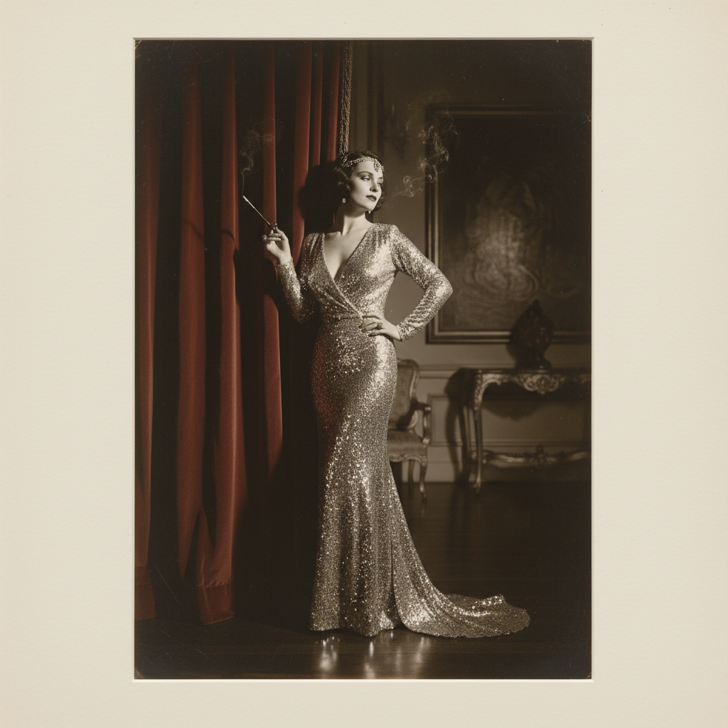 Josephine Baker in a shimmering floor-length gown, leaning against a velvet curtain with a smoldering expression