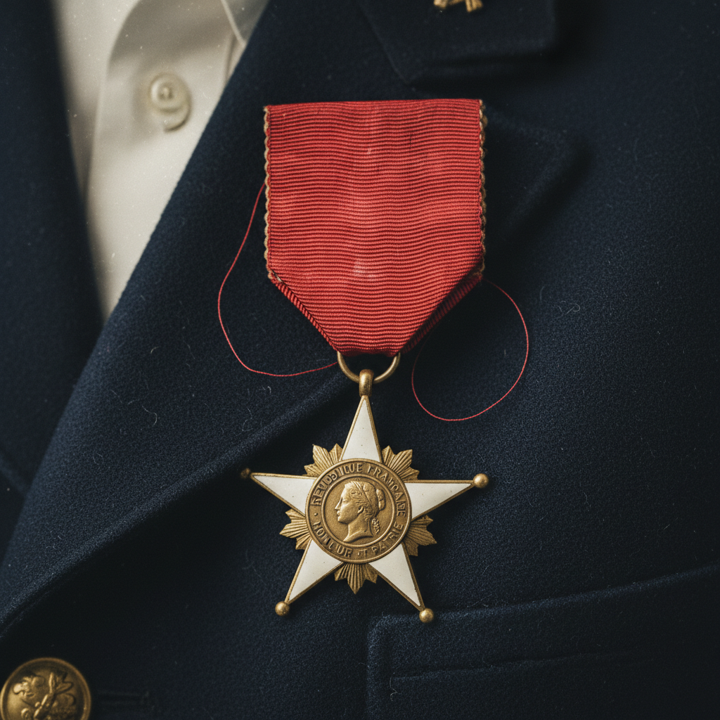 A close-up of the Légion d'honneur medal pinned to a dark military jacket, the ribbon slightly frayed