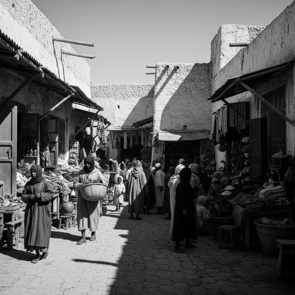A black and white photograph of a bustling Moroccan marketplace, the sun casting long, sharp shadows against white walls