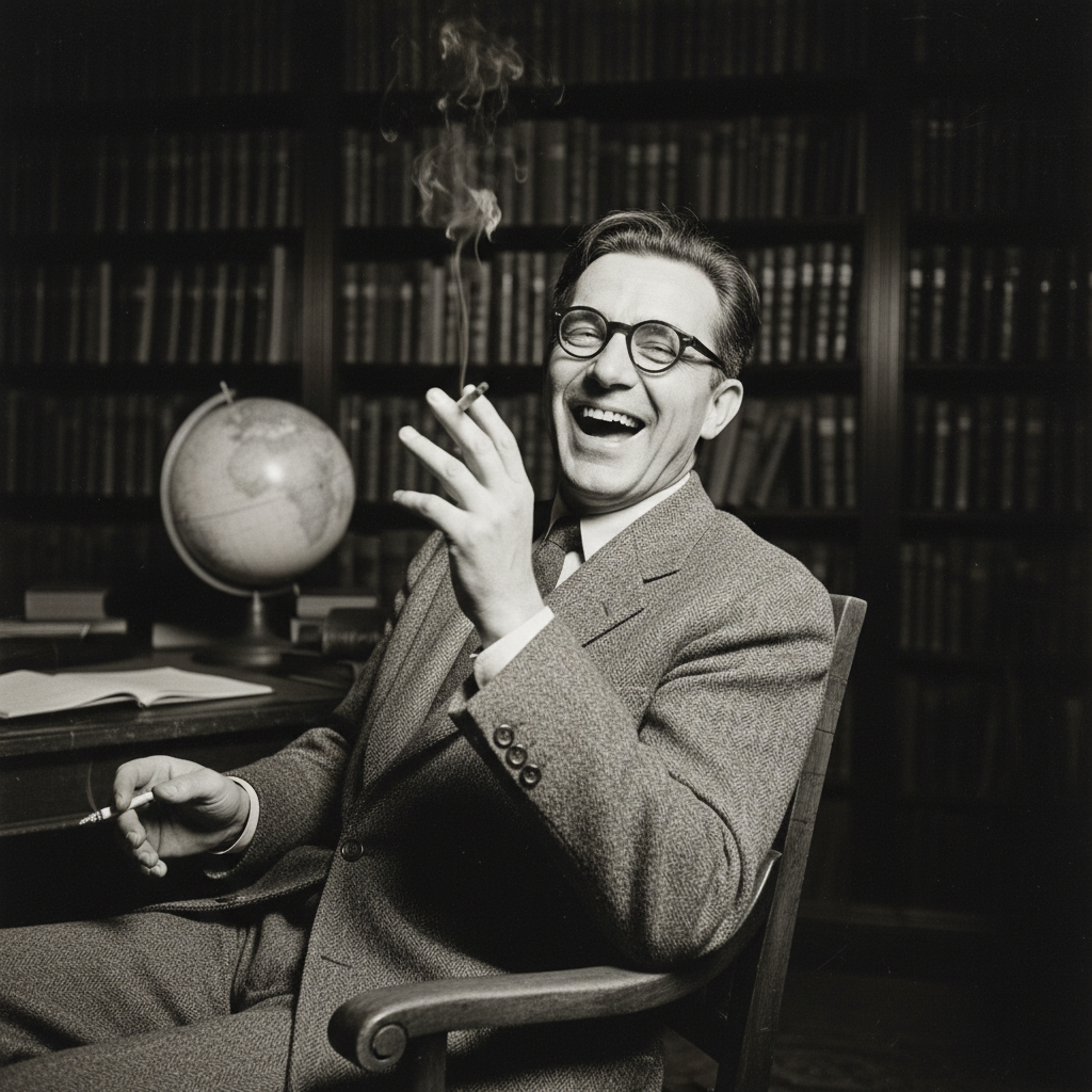 Kim Philby in a rumpled tweed jacket, laughing with a cigarette in hand, his eyes sharp and unblinking behind heavy glas